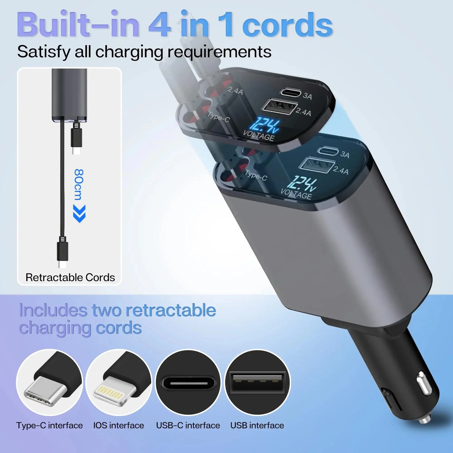 4-in-1 Retractable Car Charger – Fast USB & PD Charging with Dual USB-C Cables