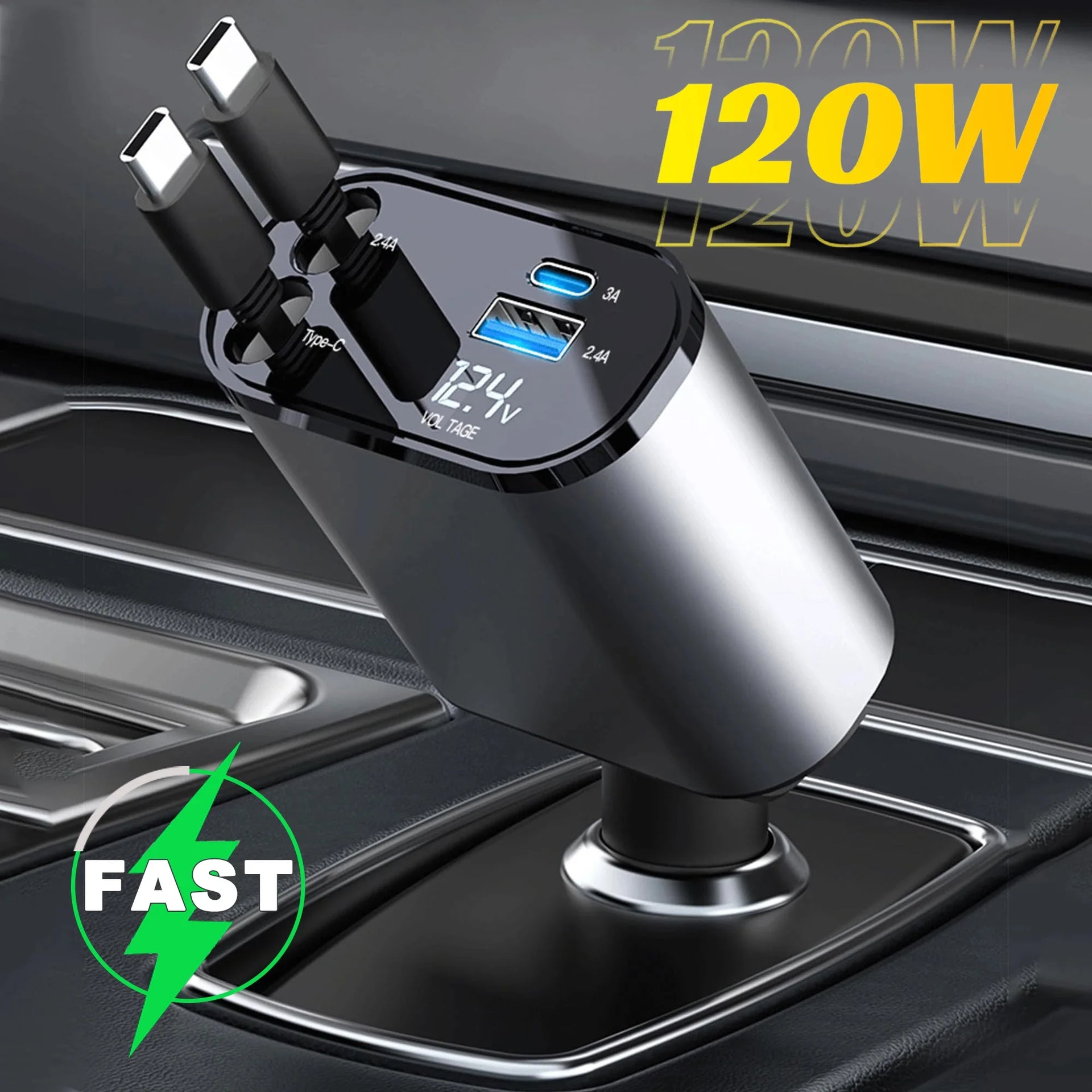 4-in-1 Retractable Car Charger – Fast USB & PD Charging with Dual USB-C Cables
