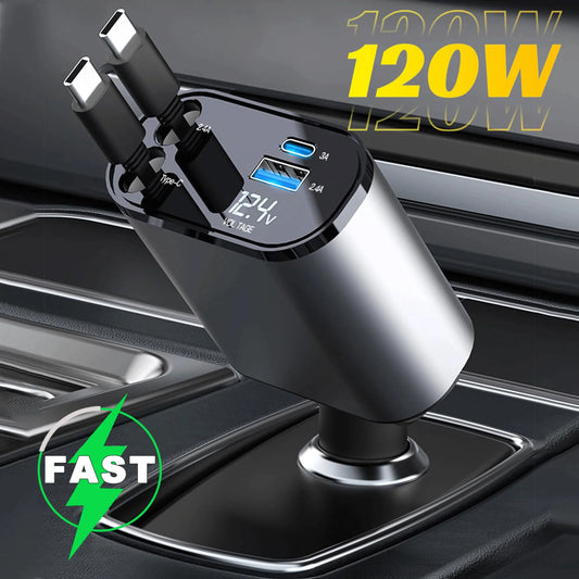 4-in-1 Retractable Car Charger – Fast USB & PD Charging with Dual USB-C Cables