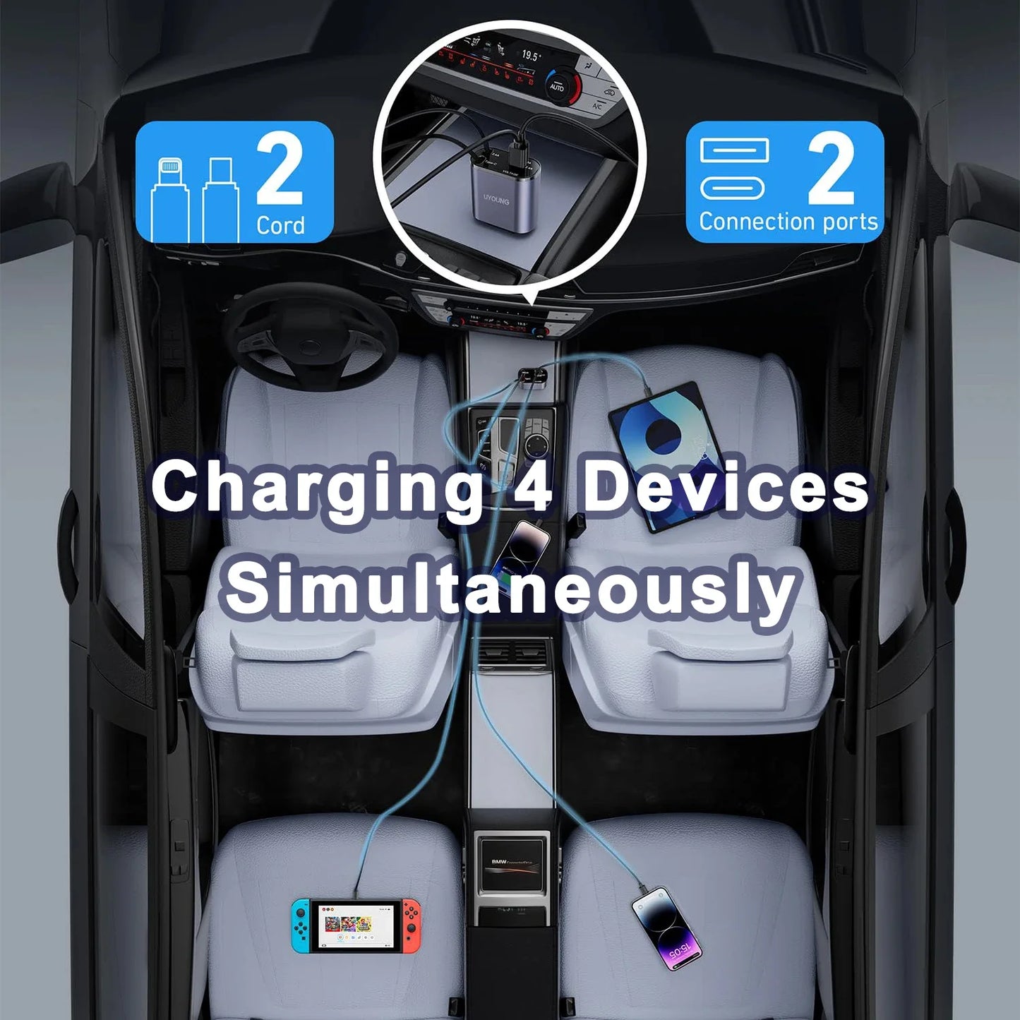 4-in-1 Retractable Car Charger – Fast USB & PD Charging with Dual USB-C Cables