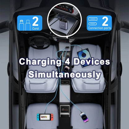 4-in-1 Retractable Car Charger – Fast USB & PD Charging with Dual USB-C Cables