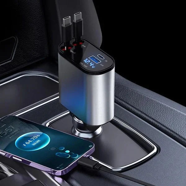 4-in-1 Retractable Car Charger – Fast USB & PD Charging with Dual USB-C Cables