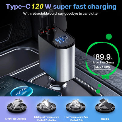 4-in-1 Retractable Car Charger – Fast USB & PD Charging with Dual USB-C Cables