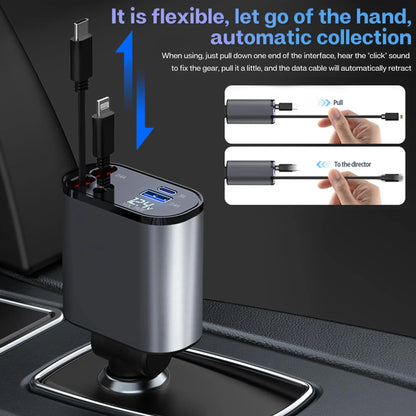 4-in-1 Retractable Car Charger – Fast USB & PD Charging with Dual USB-C Cables