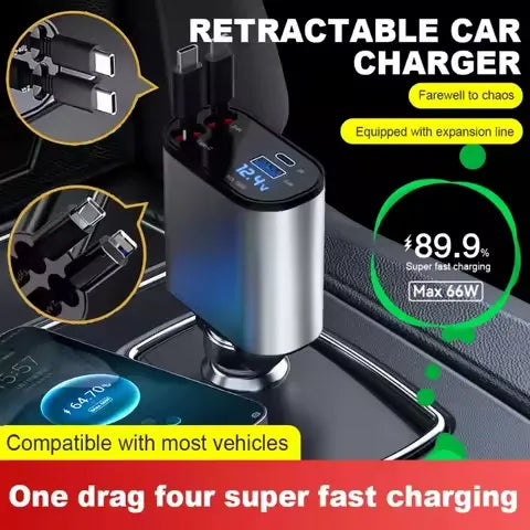 4-in-1 Retractable Car Charger – Fast USB & PD Charging with Dual USB-C Cables