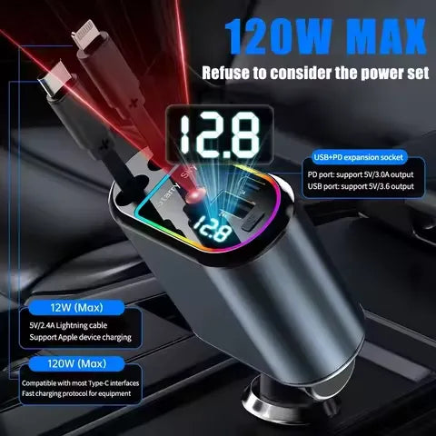 4-in-1 Retractable Car Charger – Fast USB & PD Charging with Dual USB-C Cables
