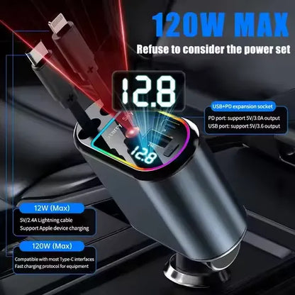 4-in-1 Retractable Car Charger – Fast USB & PD Charging with Dual USB-C Cables
